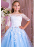 Off Shoulder White Lace Blue Tulle Pearls Embellished Flower Girl Dress